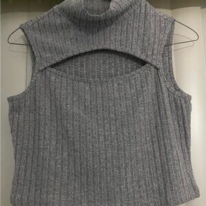 Gray Ribbed Sleeveless Turtleneck Top